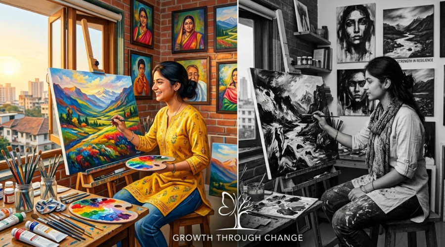 Young Indian woman artist painting beautiful emotional black and white artwork in Mumbai studio, overcoming disability with determination