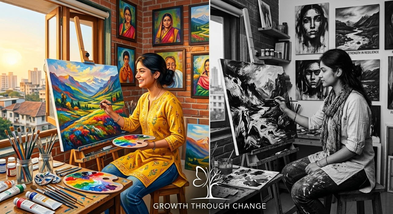 Young Indian woman artist painting beautiful emotional black and white artwork in Mumbai studio, overcoming disability with determination