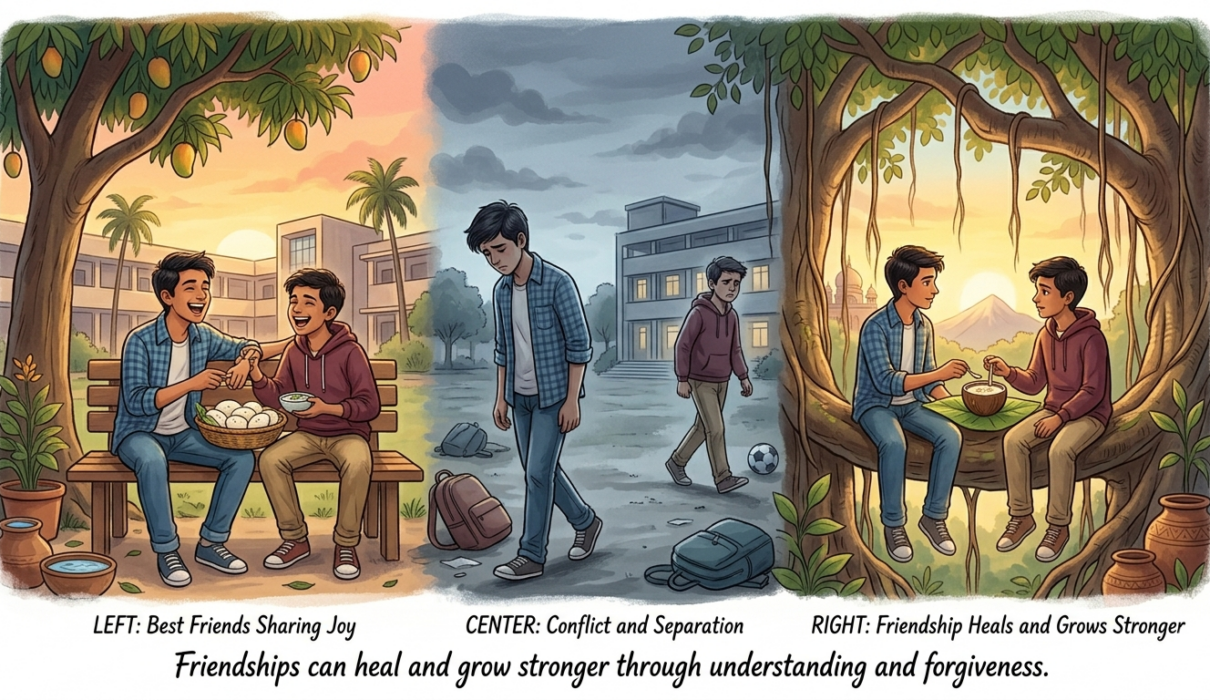 Two Indian teenage boys in school uniforms facing away from each other looking hurt after angry confrontation, showing emotional consequences of hurtful words