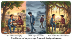 Two Indian teenage boys in school uniforms facing away from each other looking hurt after angry confrontation, showing emotional consequences of hurtful words
