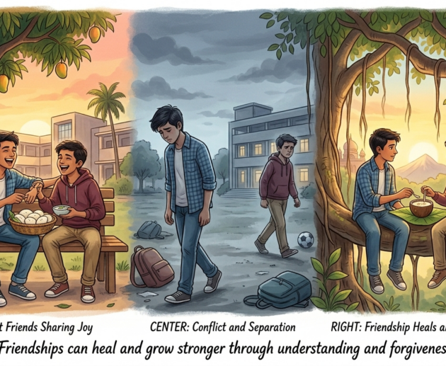 Two Indian teenage boys in school uniforms facing away from each other looking hurt after angry confrontation, showing emotional consequences of hurtful words