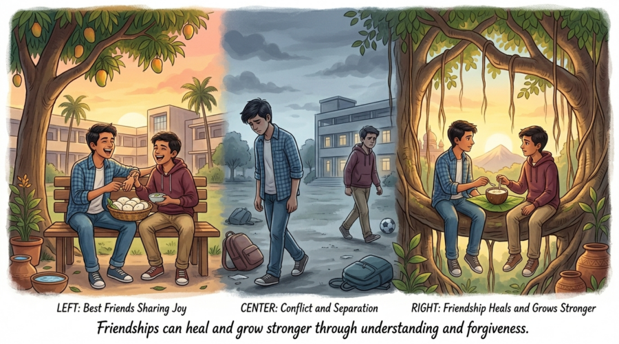 Two Indian teenage boys in school uniforms facing away from each other looking hurt after angry confrontation, showing emotional consequences of hurtful words