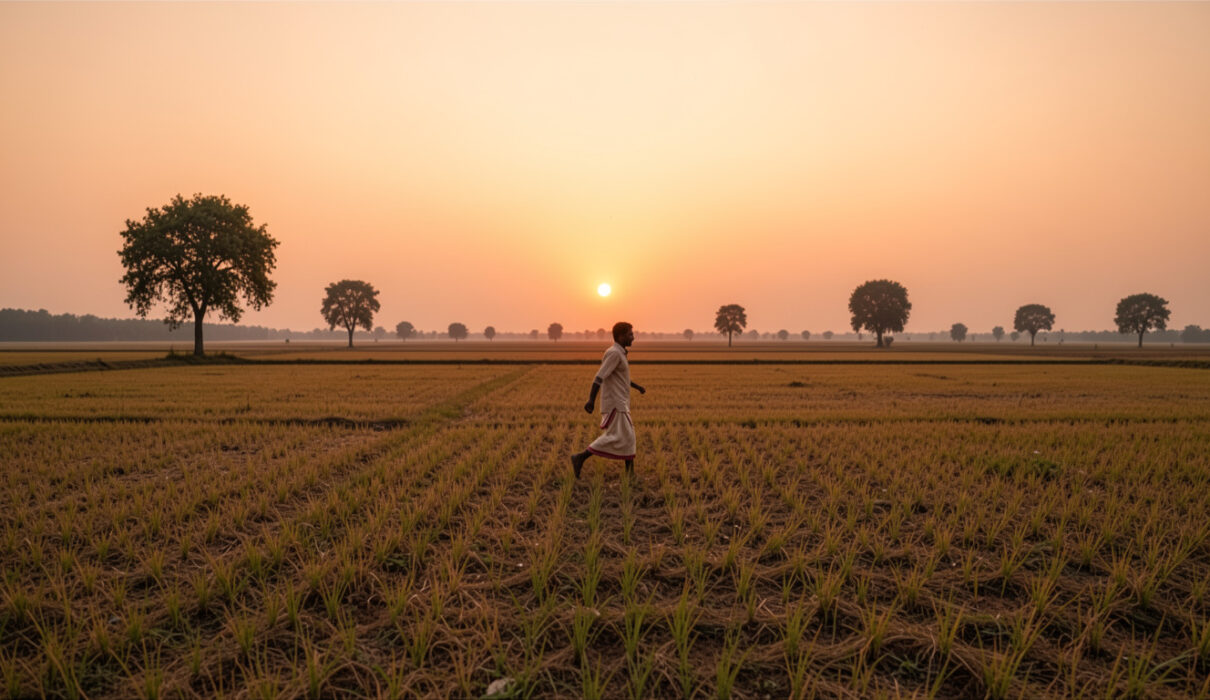 A tired farmer running across fields at sunset after trying to claim too much land