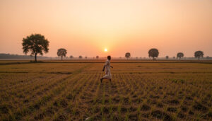 A tired farmer running across fields at sunset after trying to claim too much land