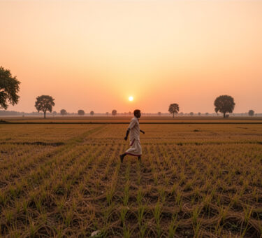 A tired farmer running across fields at sunset after trying to claim too much land