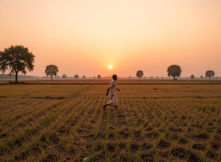 A tired farmer running across fields at sunset after trying to claim too much land