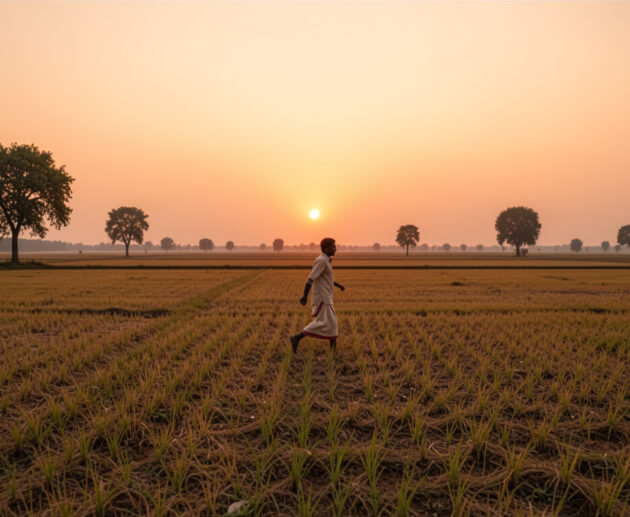 A tired farmer running across fields at sunset after trying to claim too much land