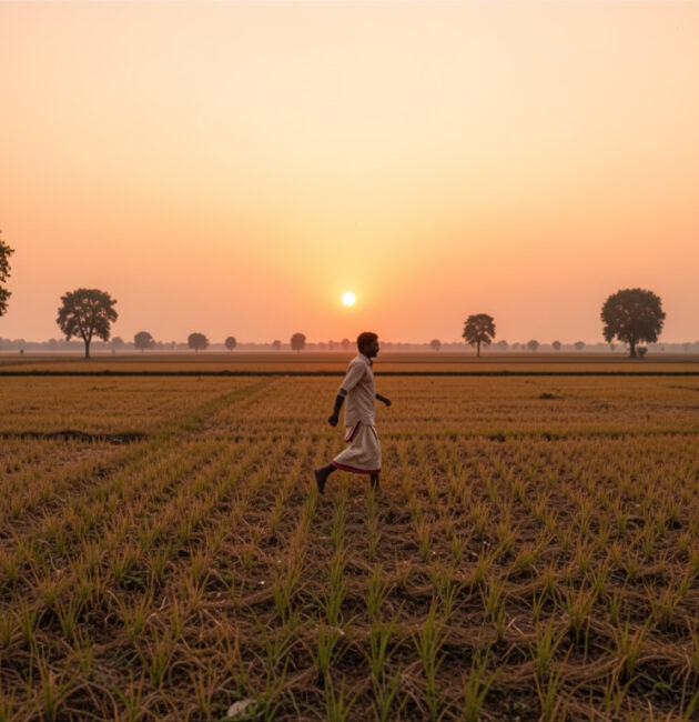 A tired farmer running across fields at sunset after trying to claim too much land