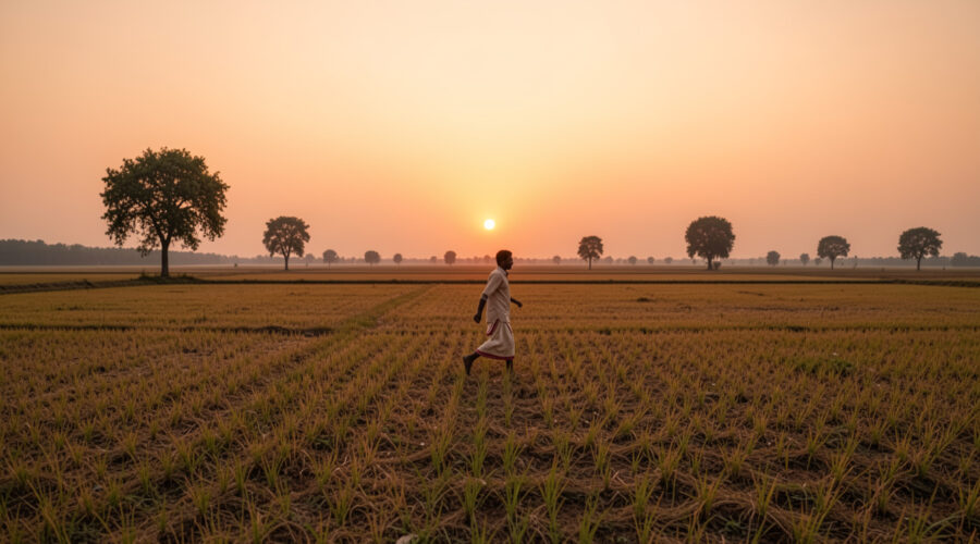 A tired farmer running across fields at sunset after trying to claim too much land