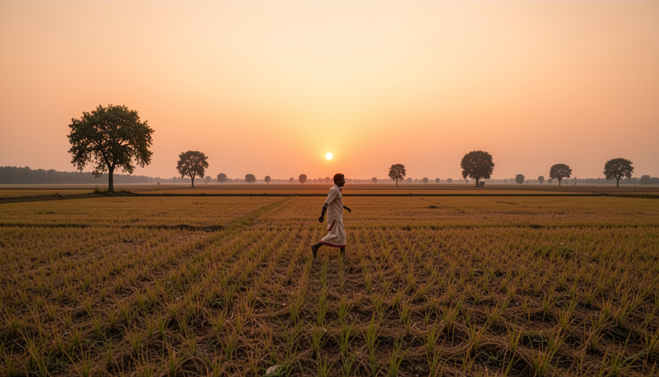 A tired farmer running across fields at sunset after trying to claim too much land