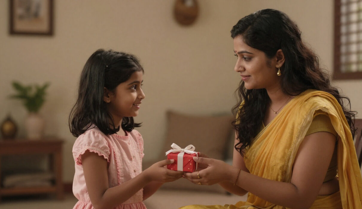 A young girl receiving a small gift from her tired mother