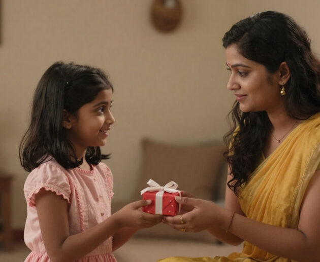 A young girl receiving a small gift from her tired mother