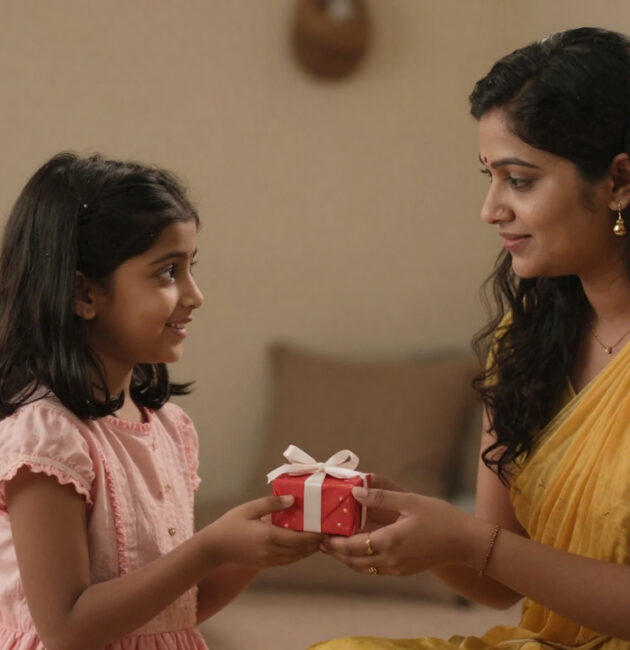 A young girl receiving a small gift from her tired mother