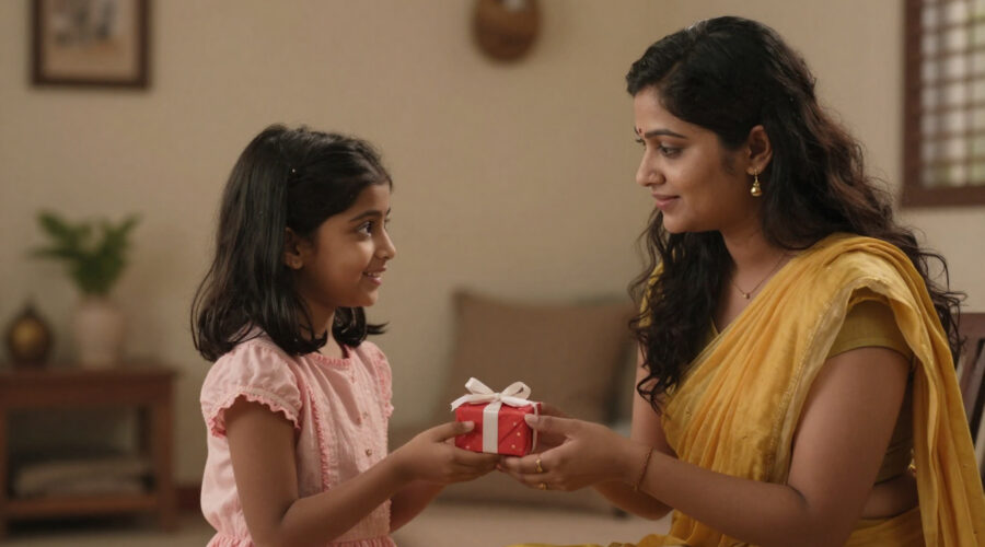 A young girl receiving a small gift from her tired mother