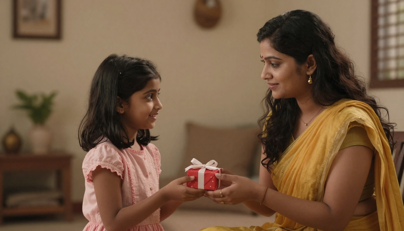 A young girl receiving a small gift from her tired mother