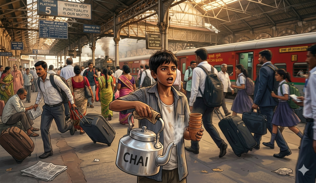 Young Indian boy selling chai tea at busy railway station, looking determined with dreams in his eyes, people rushing past in background