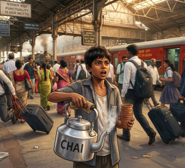 Young Indian boy selling chai tea at busy railway station, looking determined with dreams in his eyes, people rushing past in background