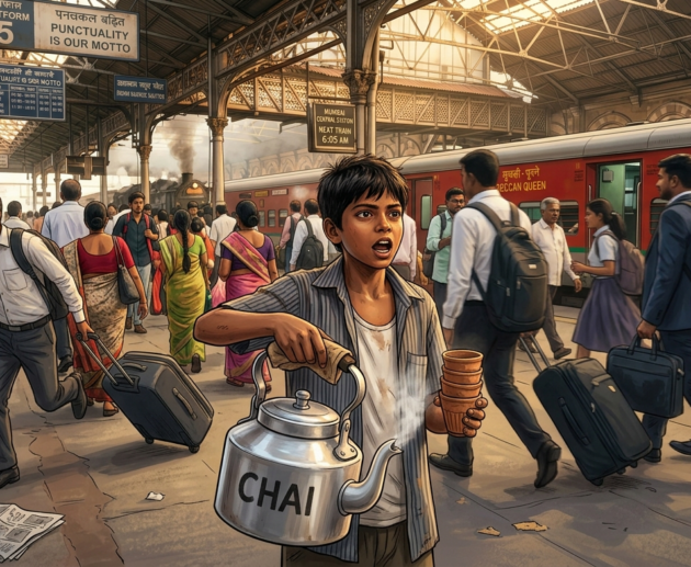 Young Indian boy selling chai tea at busy railway station, looking determined with dreams in his eyes, people rushing past in background