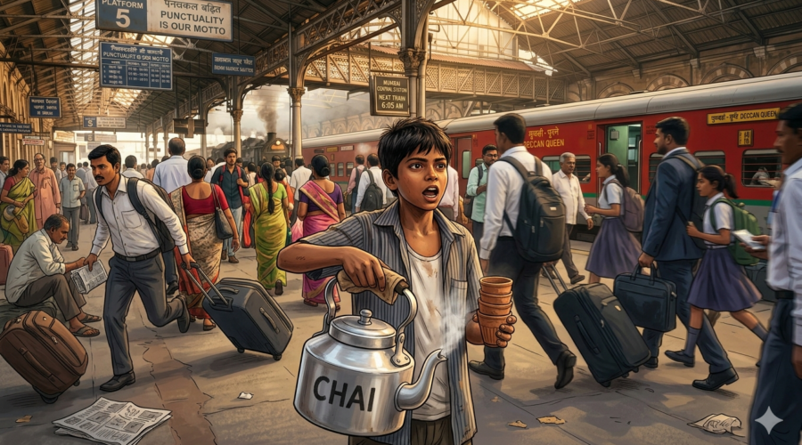 Young Indian boy selling chai tea at busy railway station, looking determined with dreams in his eyes, people rushing past in background