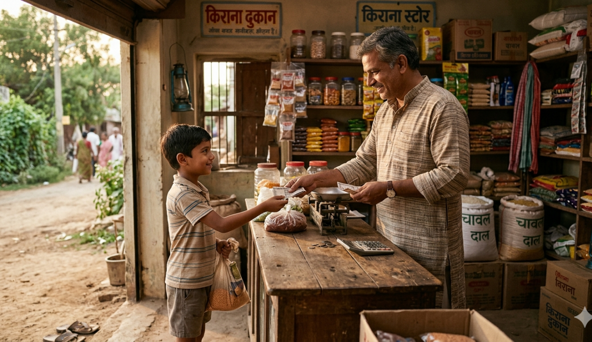 A small village shopkeeper honestly returning money to a young boy inside a simple shop