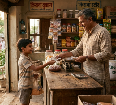 A small village shopkeeper honestly returning money to a young boy inside a simple shop