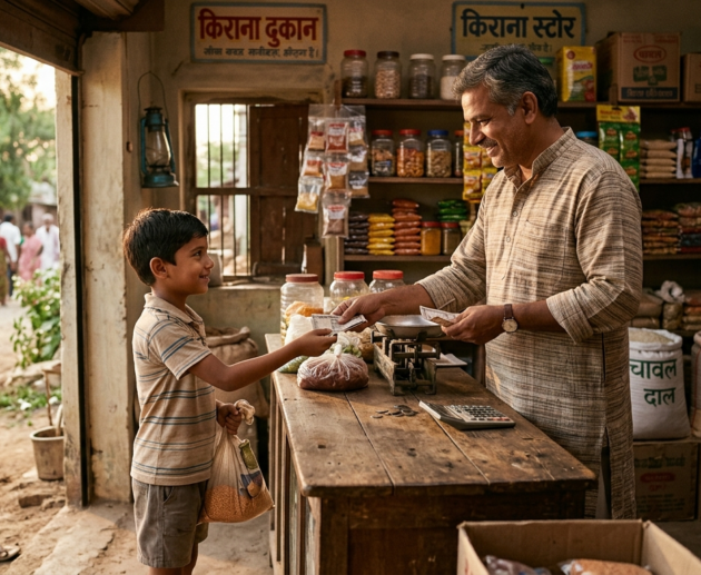 A small village shopkeeper honestly returning money to a young boy inside a simple shop