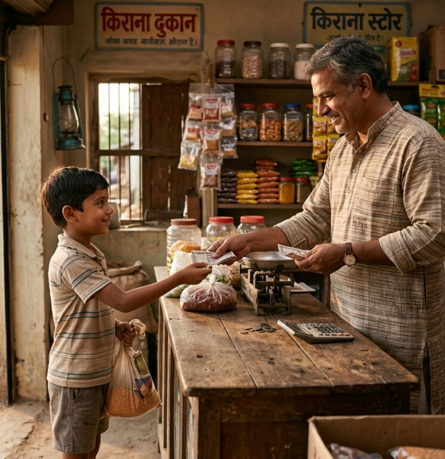 A small village shopkeeper honestly returning money to a young boy inside a simple shop
