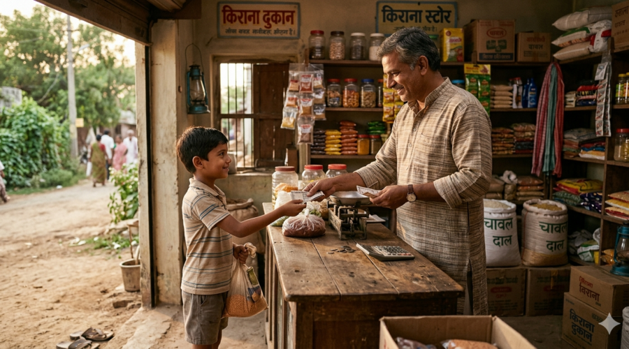 A small village shopkeeper honestly returning money to a young boy inside a simple shop