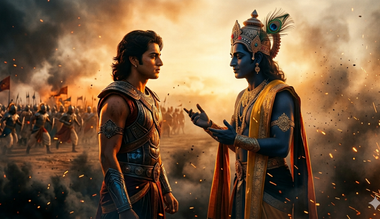 Arjun choosing Lord Krishna over a powerful army before a great battle