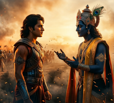 Arjun choosing Lord Krishna over a powerful army before a great battle