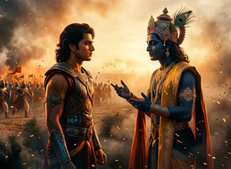 Arjun choosing Lord Krishna over a powerful army before a great battle
