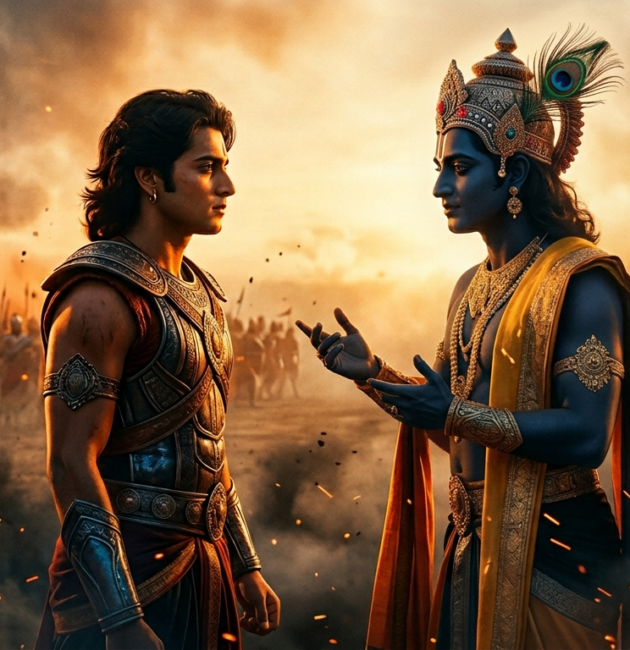 Arjun choosing Lord Krishna over a powerful army before a great battle