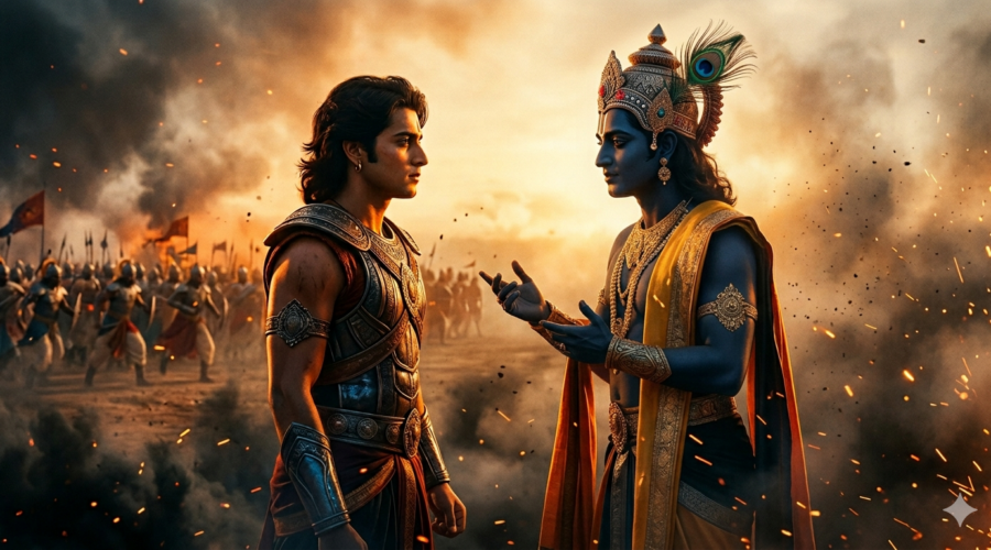 Arjun choosing Lord Krishna over a powerful army before a great battle