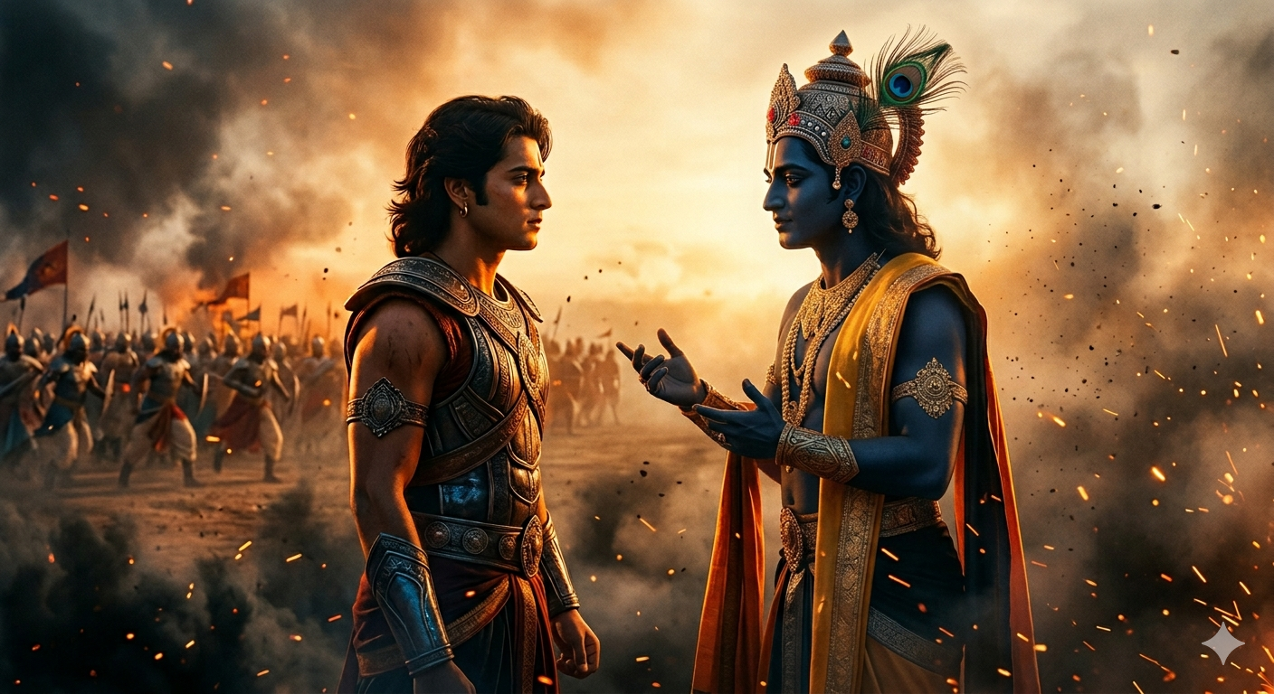 Arjun choosing Lord Krishna over a powerful army before a great battle
