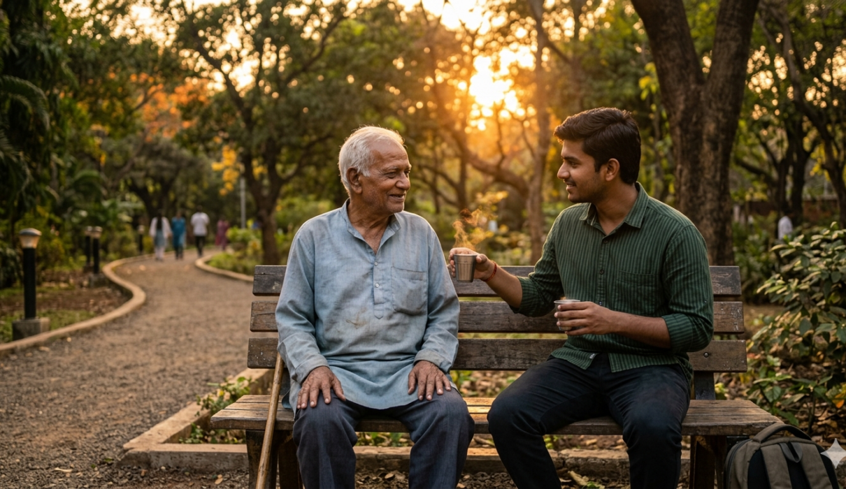 young man sitting with old man on park bench at sunset showing kindness and companionship