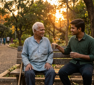 young man sitting with old man on park bench at sunset showing kindness and companionship