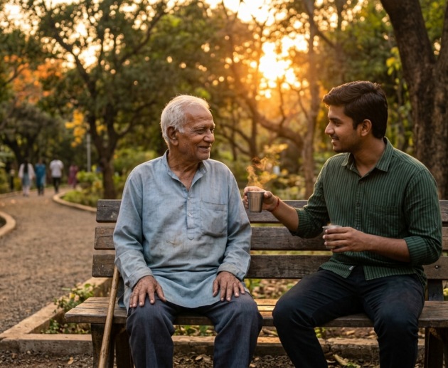 young man sitting with old man on park bench at sunset showing kindness and companionship