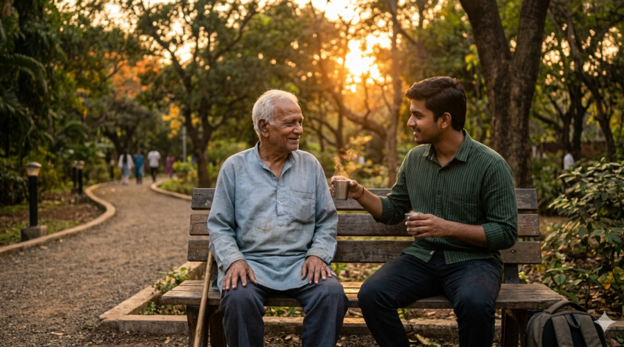 young man sitting with old man on park bench at sunset showing kindness and companionship