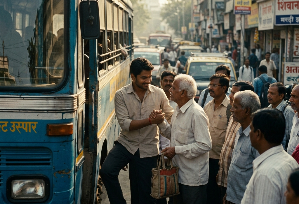 A young man helping an old man at a busy bus stop in an Indian city