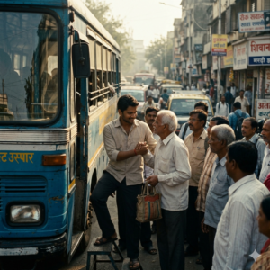 A young man helping an old man at a busy bus stop in an Indian city