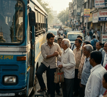 A young man helping an old man at a busy bus stop in an Indian city