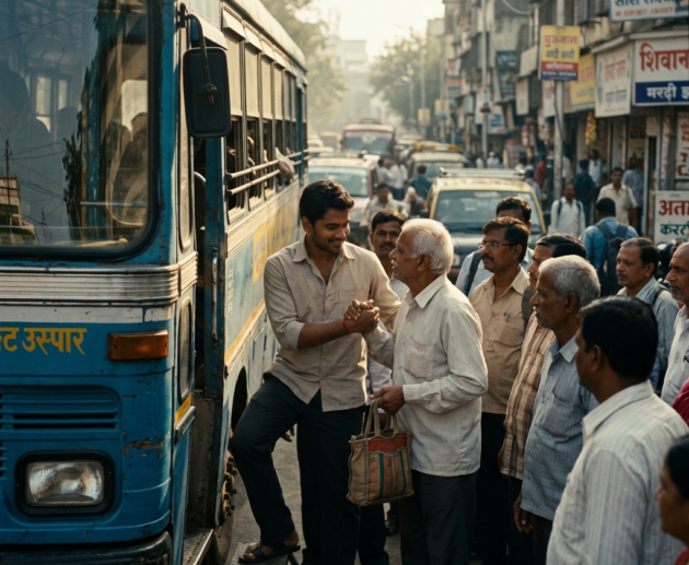 A young man helping an old man at a busy bus stop in an Indian city