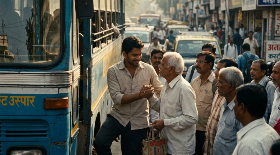 A young man helping an old man at a busy bus stop in an Indian city