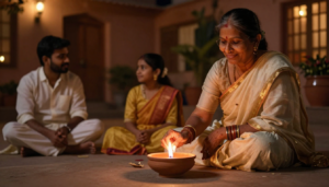 Family gathered around an old clay lamp in a spiritual Diwali family story