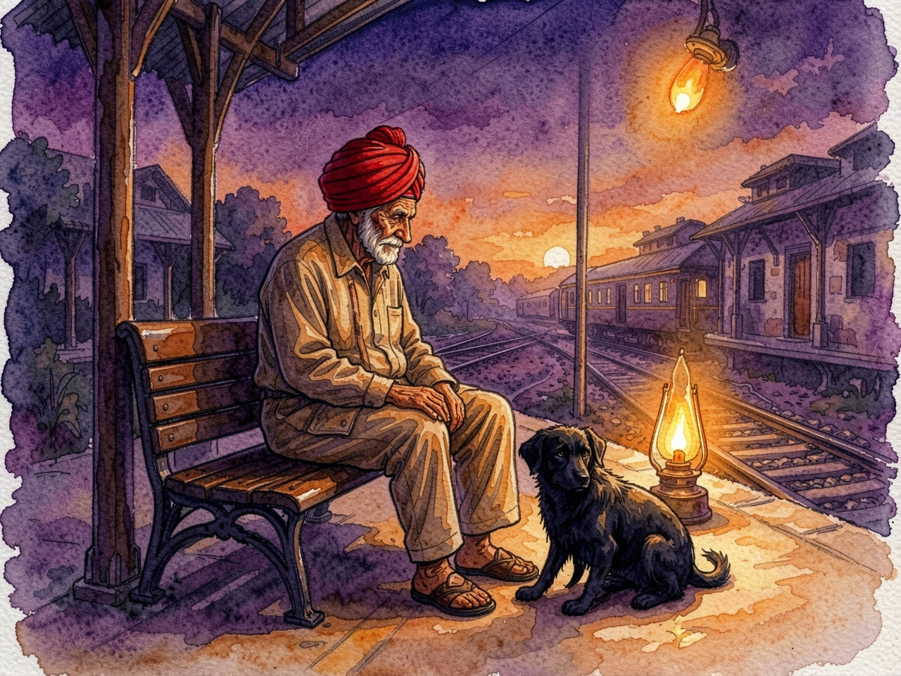 An old coolie at an Indian railway platform at dusk — spiritual story about Shani Dev and karma