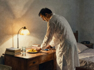 A father placing a phone charger on his son's study desk at night — moral story about ego and hidden love