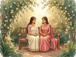 Two sisters sitting together in a garden at dusk with jasmine flowers blooming, emotional story about sisters reuniting and finding strength in silence.