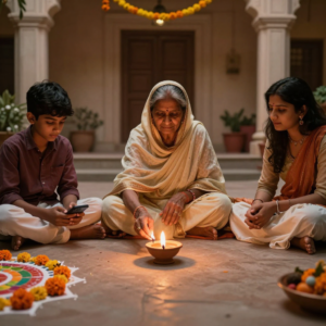 Family gathered around an old clay lamp in a spiritual Diwali family story