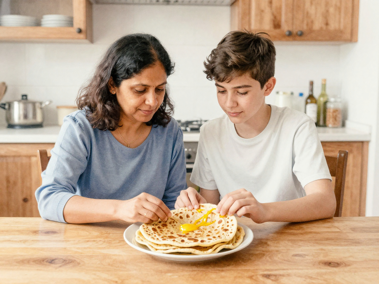 A mother and teenage son sitting together at a kitchen table with aloo parathas, warm lighting, family moral story about understanding your parents better.