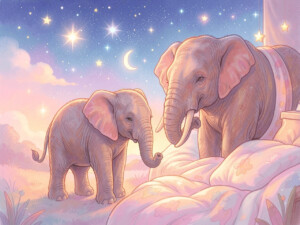 A baby elephant standing under a star-filled sky beside his mother — bedtime story for kids afraid of the dark